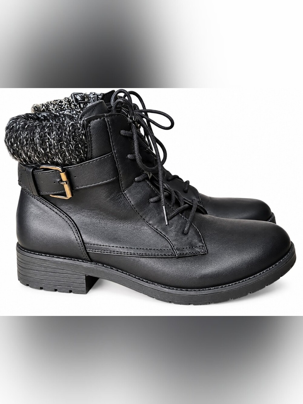 Women's Black Lace-Up Knit-Cuff Ankle Boots